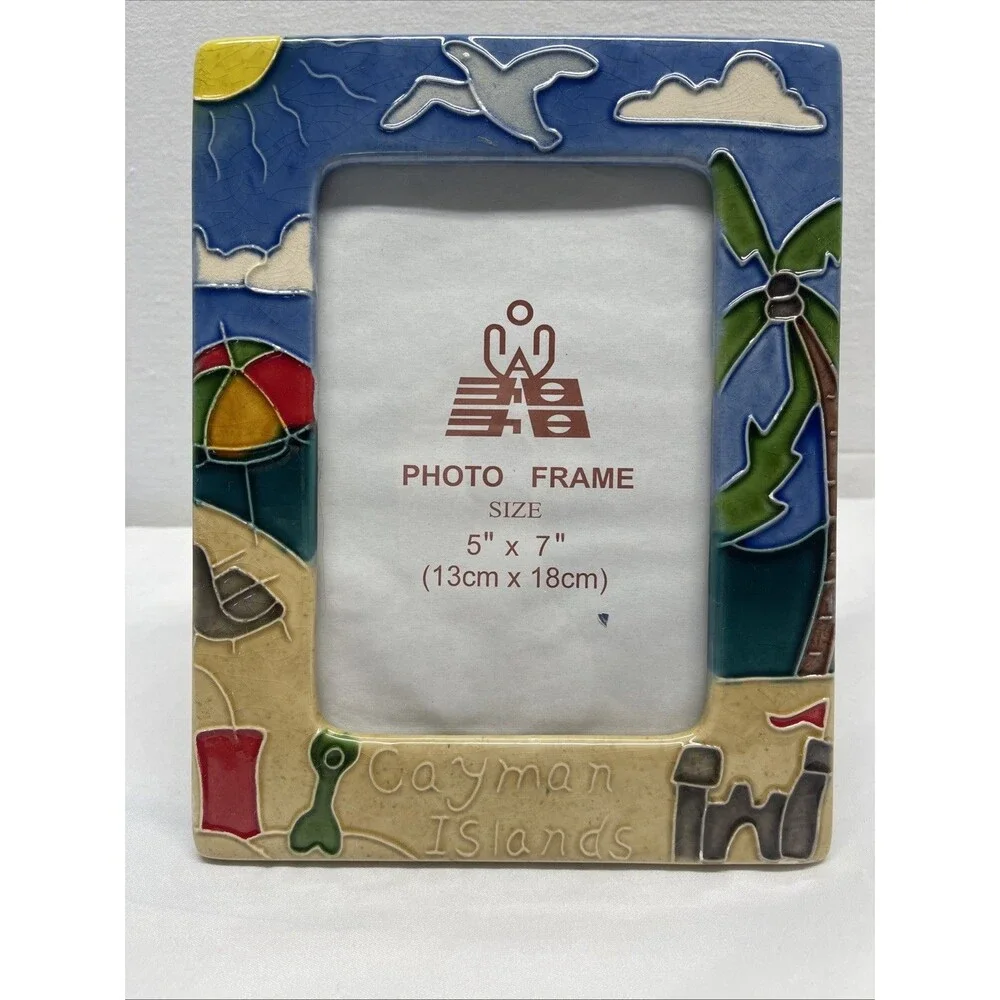 Cayman Islands Vacation Souvenir Photo Frame 5x7 Beach Palm Tree Sandcastle EUC